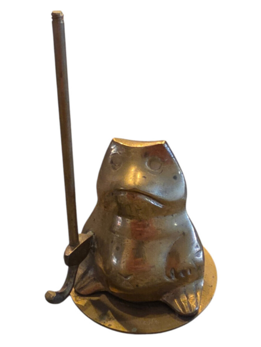 Vintage MCM Mid Century brass frog figurine holding an umbrella handle 1960s